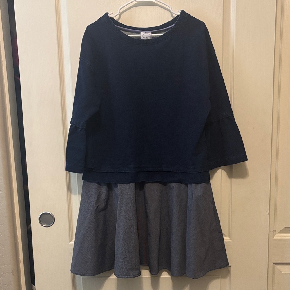 Violet Weekend Denim Top and Pinstripe Cotton Skirt Dress